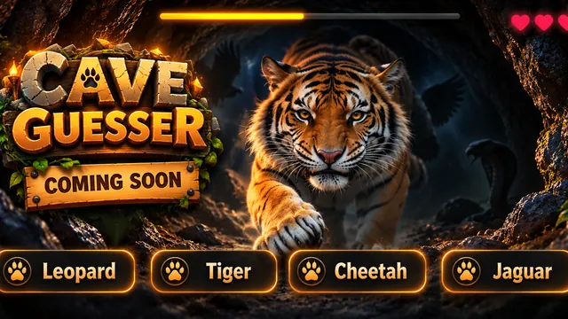 Cave Guesser: a tiger steps out of a dark cave, with answer options below