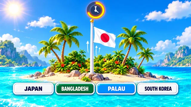 Flag Guesser: a flag is raised on a tropical island, with four country options below